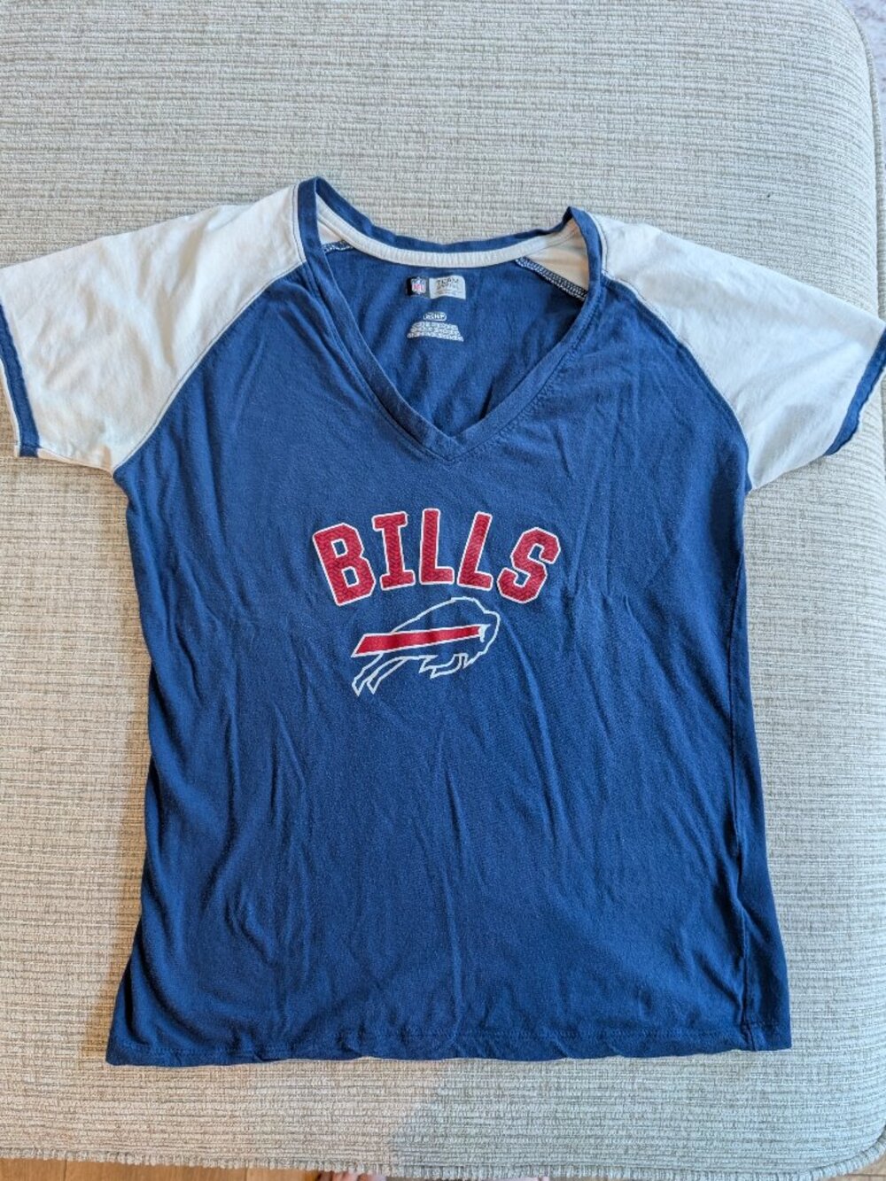Small Buffalo Bills NFL Team Apparel Blue White Raglan V-Neck T-Shirt